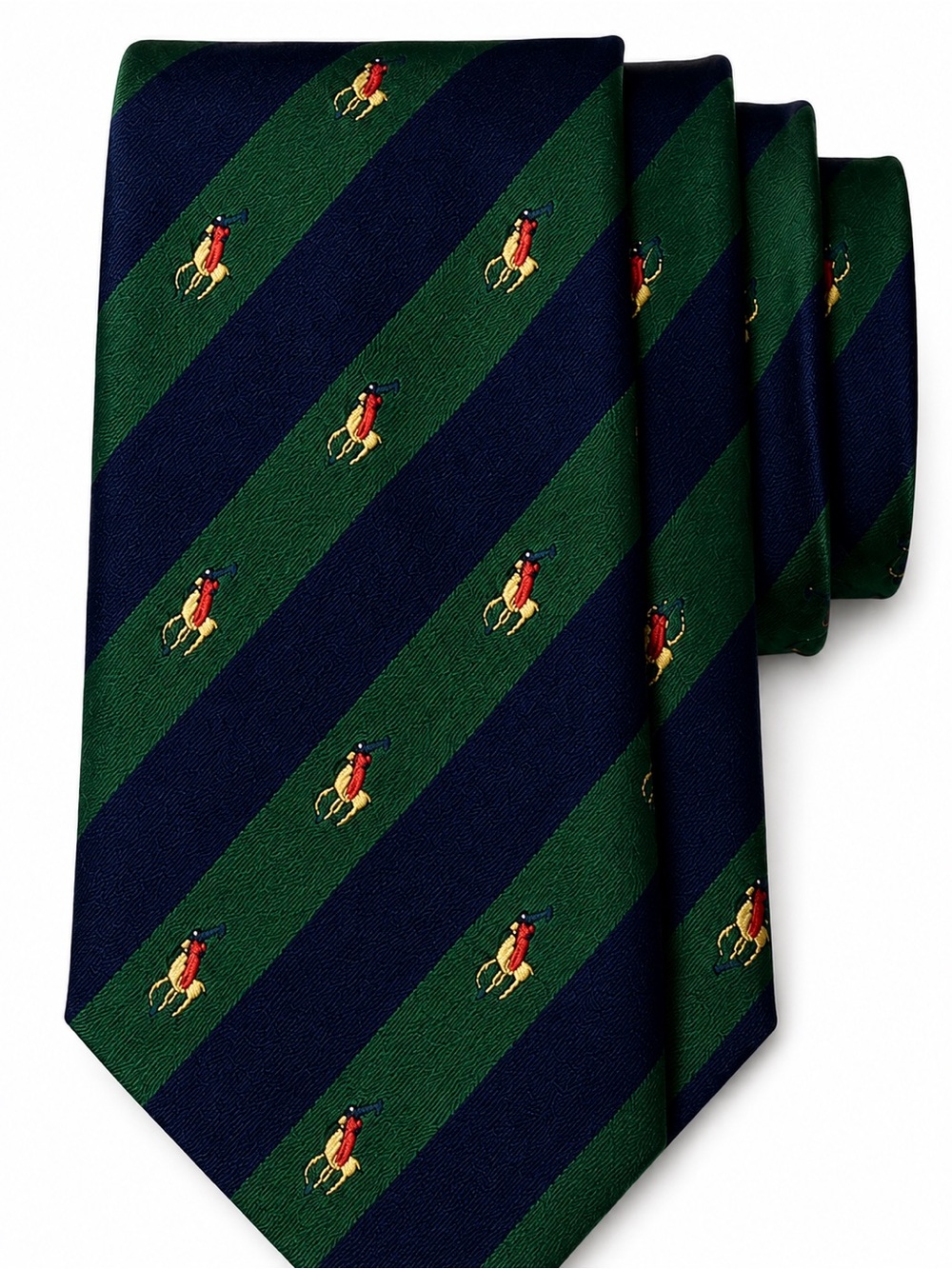 Mercedes High Fashion‎ Silk Polo Player Tie Green Navy Stripe Handmade Vintage